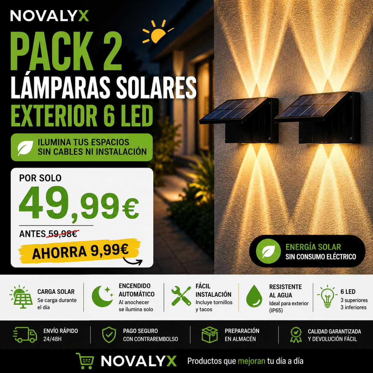 Pack 2 Lámparas Solares Exterior 6 LED
