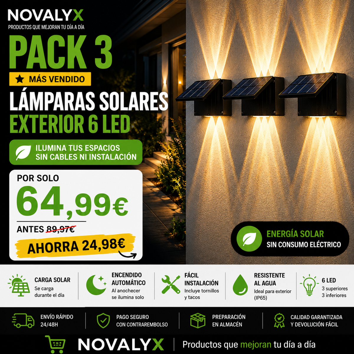 Pack 3 Lámparas Solares Exterior 6 LED