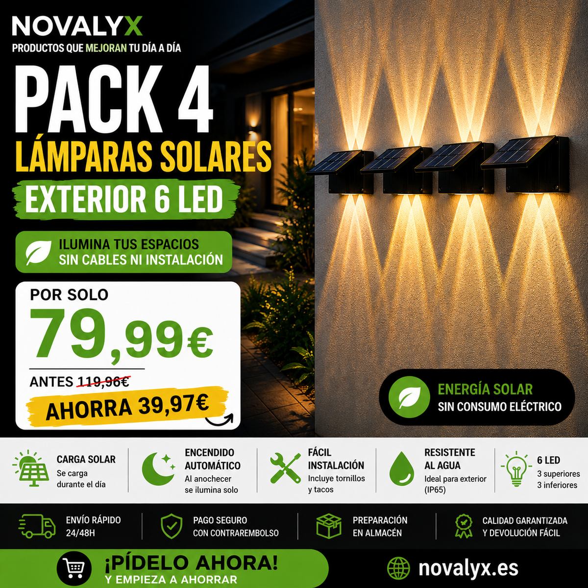 Pack 4 Lámparas Solares Exterior 6 LED