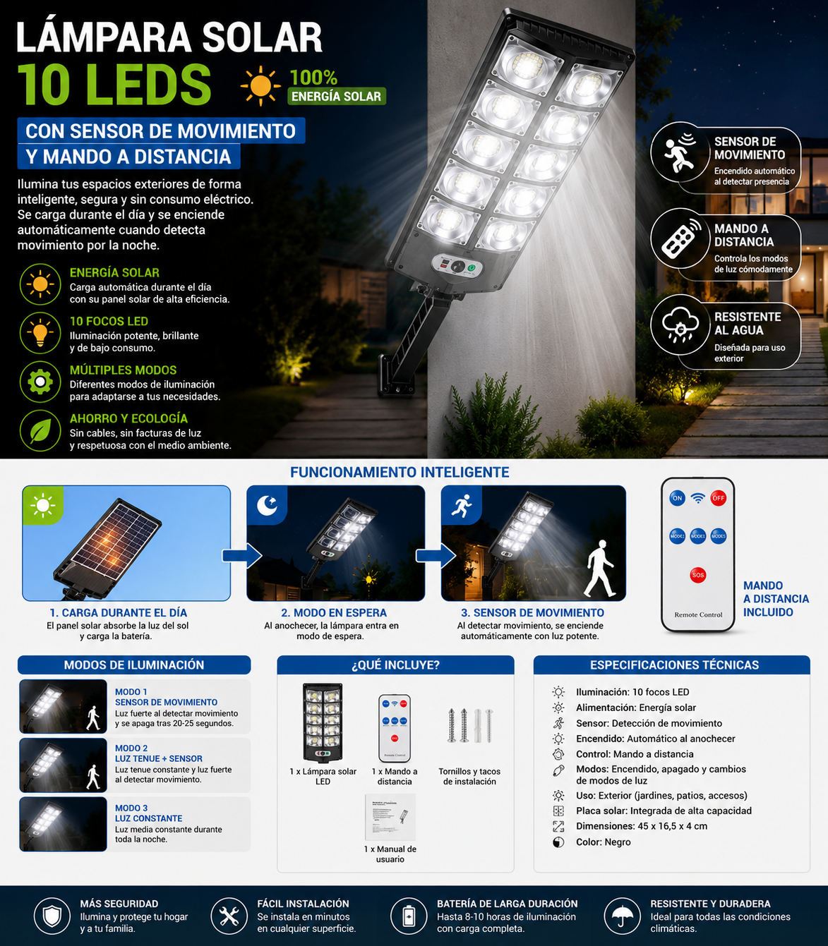 Solar light with 10 LED lights and motion sensor