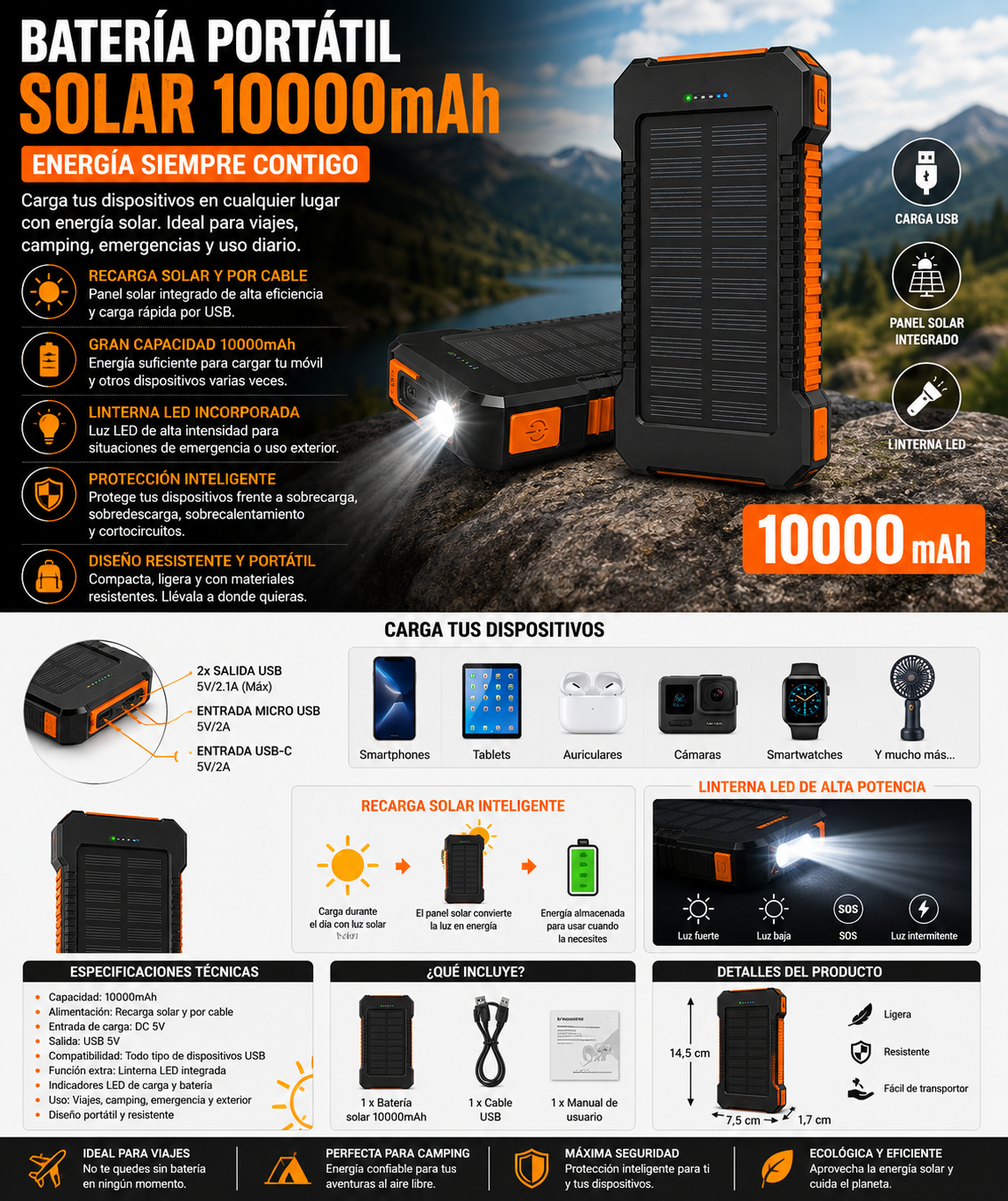 Portable solar battery 10000mAh